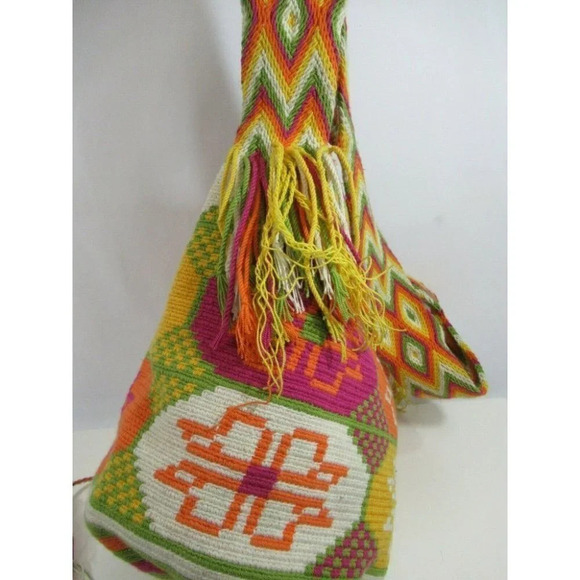 Wayúu Mochila Bag Purse Floral Woven Orange Pink Bucket Shoulder Straps Colombia - Picture 5 of 9